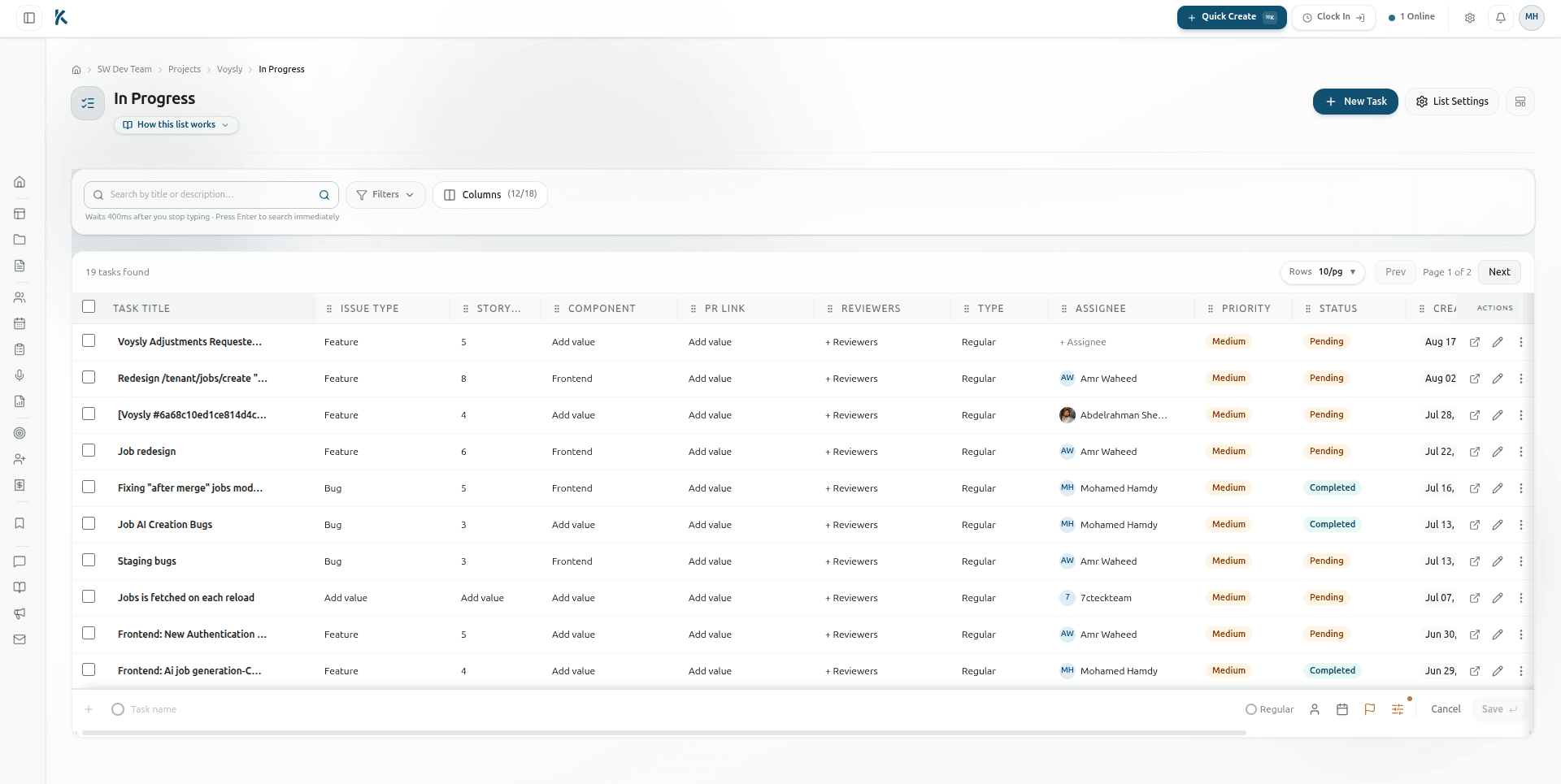 KorSync multi-column task table view with 18 customizable columns, 9 field types, debounced search, and quick creation
