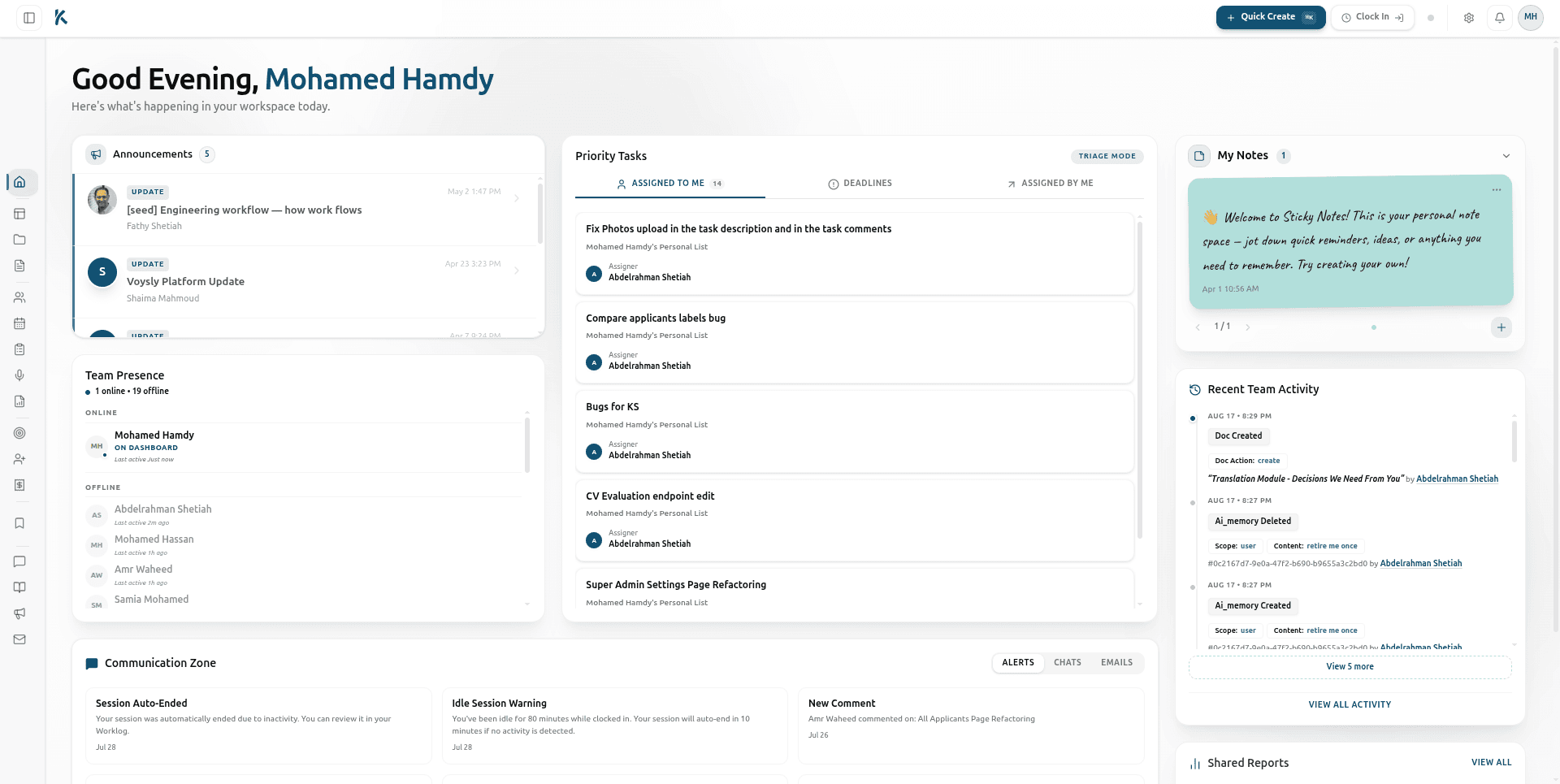 KorSync unified workspace command center showing priority tasks, announcements, team presence, sticky notes, and audit activity feed